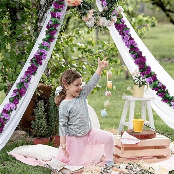 9 Pack 72 FT Artificial Flower Garland, Fake Purple Roses Vines Silk Flowers - Picture 6 of 7